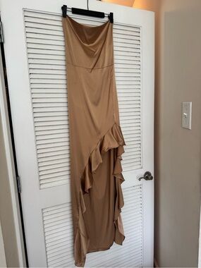PrettyLittleThing Tan Satin Strapless High-Low Ruffle Dress